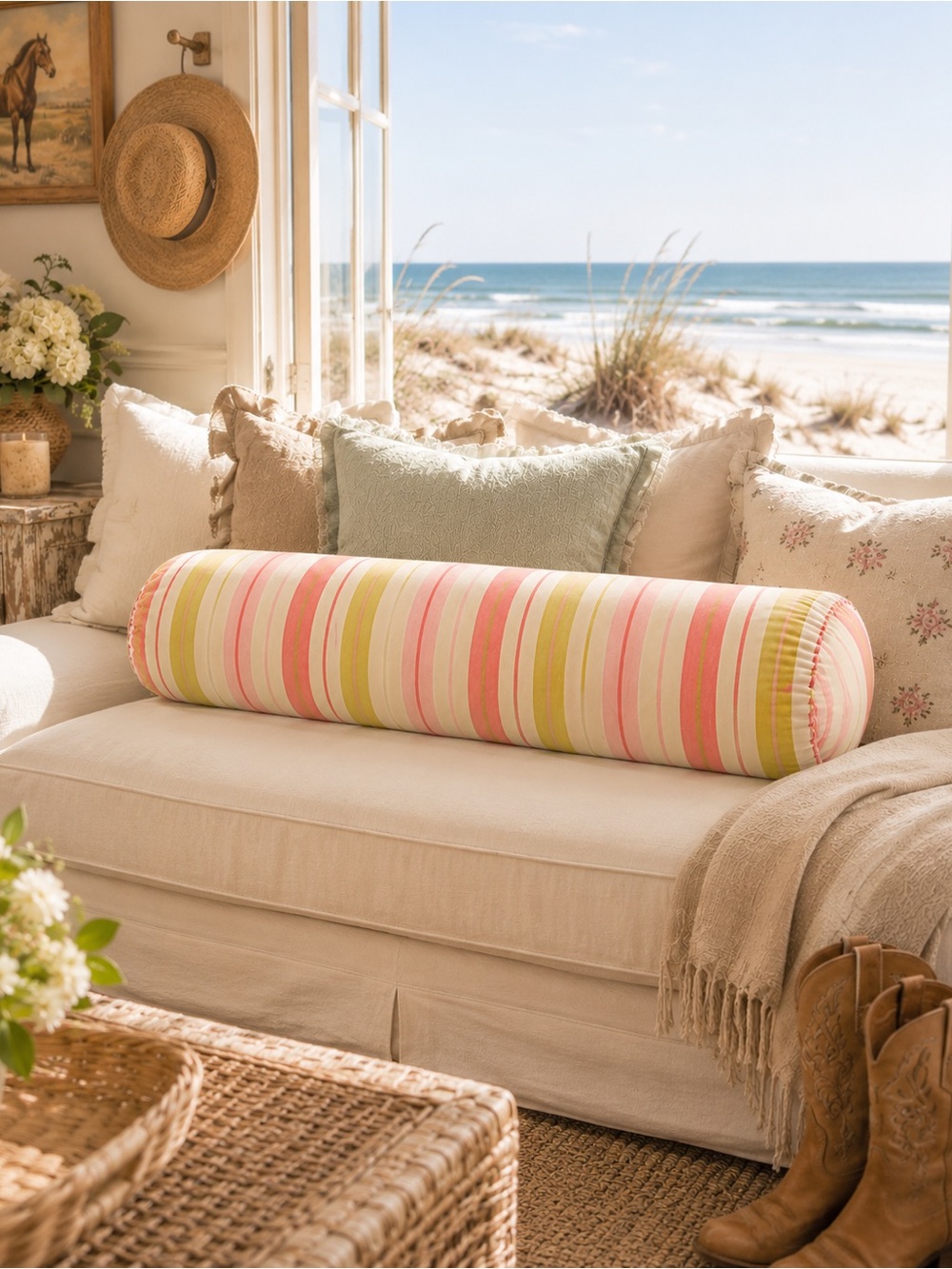 🏡 Extra Long Pink Green White Striped Canvas Bolster | Luxe Pillow Cottagecore
